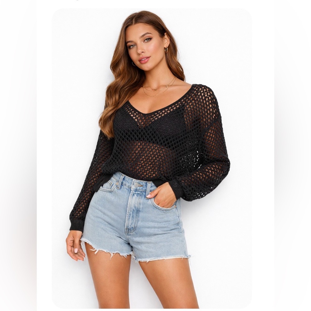 Black Open-Knit V-Neck Sweater/ Cover-Up